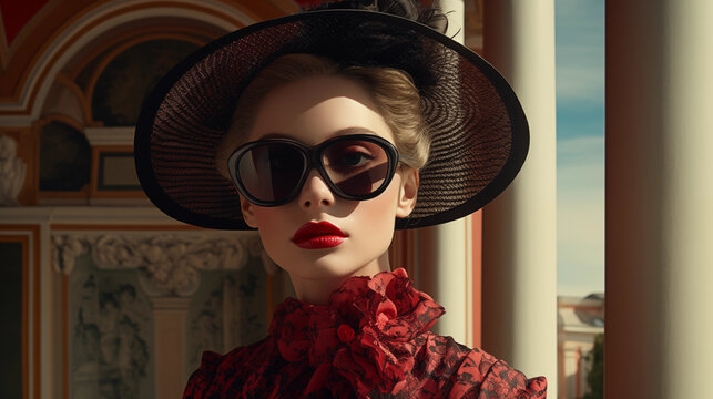 fictive model in retro style with sunglasses inspired from Gorgio de Chirio style