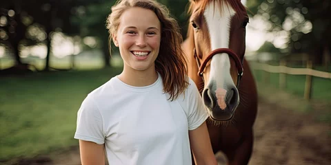 Ingelijste posters a smiling girl is standing with her horse, generative AI © VALUEINVESTOR