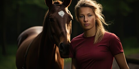 Obraz premium a smiling girl is standing with her horse, generative AI
