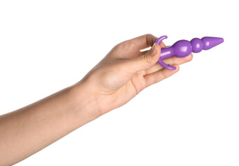Female hand with anal plug on white background, closeup