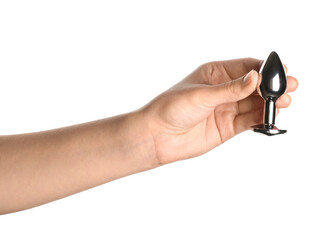 Female hand with anal plug on white background, closeup