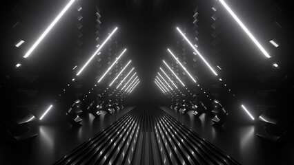 Sci Fi neon glowing lines in a dark tunnel. Reflections on the floor and ceiling. 3d rendering image. Abstract glowing lines. Technology futuristic background. - obrazy, fototapety, plakaty