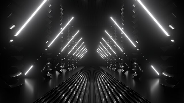 Fototapeta Sci Fi neon glowing lines in a dark tunnel. Reflections on the floor and ceiling. 3d rendering image. Abstract glowing lines. Technology futuristic background.