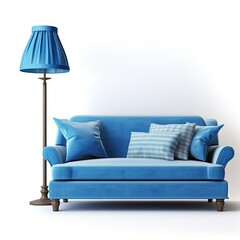 interior with stylish upholstered blue sofa and lamp in white background