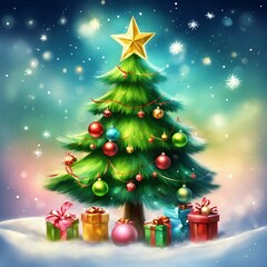 Fototapeta na wymiar christmas tree with gifts air brush art of a digital illustration of a cute Christmas tree whimsical