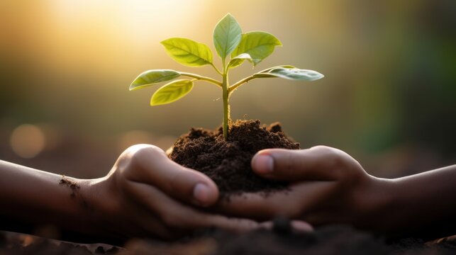 hold young tree ready to grow in fertile soil, prepare for plant and reduce global warming, Save world environment , save life, Plant a tree world environment day, sustainable , volunteer 