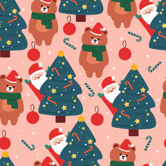 seamless pattern cartoon bear with Christmas tree and Christmas element. Cute Christmas wallpaper for card, gift wrap paper