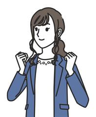 ガッツポーズのオフィスカジュアルのコーデの女性