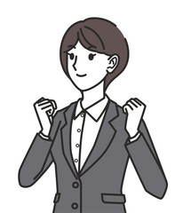 ガッツポーズのスーツを着た女性