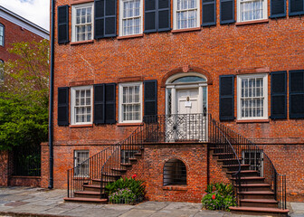 Historic Savannah Brick Townhouse with Wrought Iron Staircase and Shutters, a Classic Southern Architecture Gem Savannah, Georgia, USA