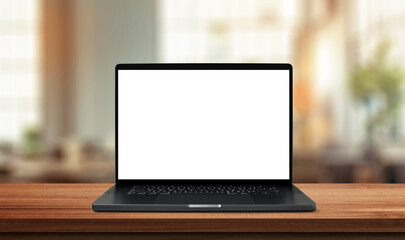Laptop or notebook with blank screen on wood table in blurry background with house or office modern...
