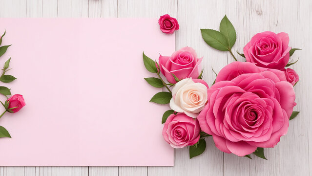Pink roses on a white wooden background and a pink leaf