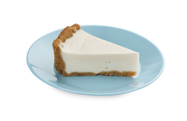 Piece of tasty vegan tofu cheesecake isolated on white
