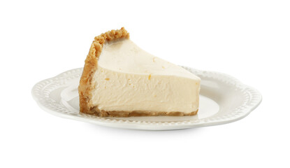 Piece of tasty vegan tofu cheesecake isolated on white