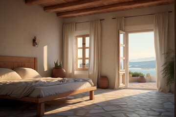 Traditional greek villa resort elegant bedroom scene