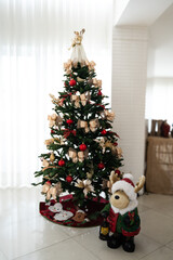 santa claus decorating christmas tree, christmas tree, white background, plush moose, moose, christmas party, santa claus