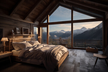 Traditional Swiss mountain cabin elegant bedroom scene - obrazy, fototapety, plakaty