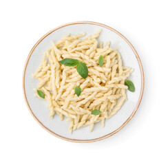 Plate of delicious trofie pasta with basil leaves isolated on white, top view