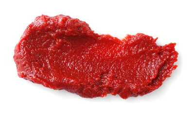 Tasty tomato paste isolated on white, top view