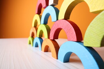 Colorful wooden pieces of educational toy on light table against orange wall, closeup and space for text. Motor skills development