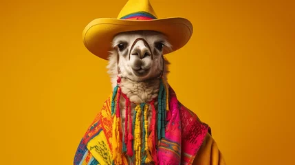 Foto op Canvas A jolly llama wearing a colorful poncho and a sombrero, standing tall on a solid yellow backdrop. © UMR