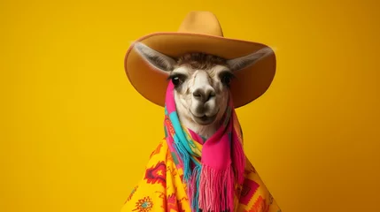 Foto op Canvas A jolly llama wearing a colorful poncho and a sombrero, standing tall on a solid yellow backdrop. © UMR
