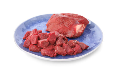 Plate with pieces of raw beef meat isolated on white