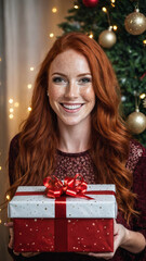 Fototapeta na wymiar a beautiful red haired Santa lady holding a present, freckles, big smile, long hair, dark makeup, Christmas background with Christmas tree, XMAS, laughing, happy, festive. Generative AI