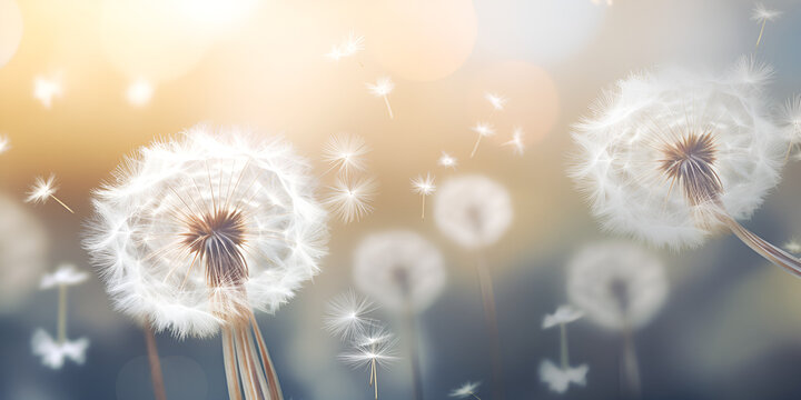 A dandelion seed head in middispersion with seeds floating away in the wind highlighting the plant's efficient method of propagation, generative AI

