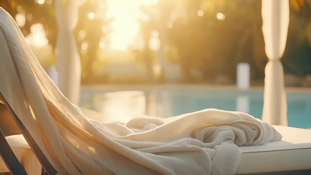 The gentle sway and movement of the , gauzy curtains surrounding the lounger, creating a sense of privacy and exclusivity in this luxurious poolside retreat.
