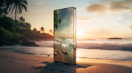 Zelfklevend Fotobehang A sleek, transparent smartphone with a flexible OLED display, displaying a vivid, lifelike image of a tropical beach at sunset. © UMR