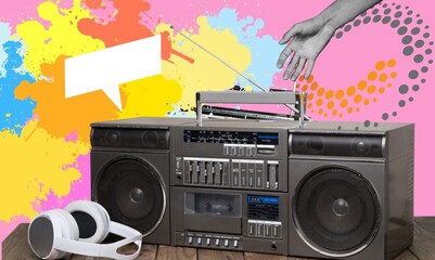 Creative collage of retro boombox radio drawing background © BillionPhotos.com