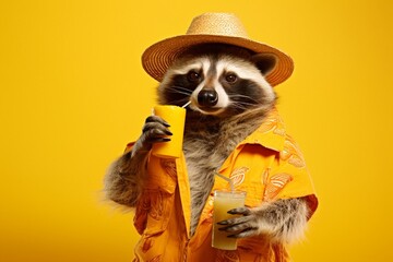 A whimsically attired raccoon in a Hawaiian shirt, Bermuda shorts, and a straw hat, holding a coconut drink with an umbrella on a solid yellow background. - obrazy, fototapety, plakaty