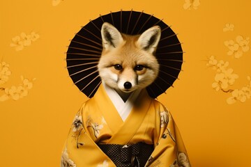 A whimsically dressed fox wearing a kimono and holding a fan, depicting a serene expression on a solid yellow background.