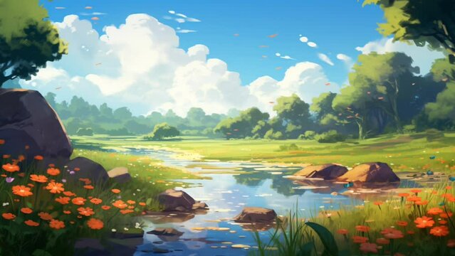 Beautiful natural landscape in summer, river with beautiful flower field and butterflies flying under blue sky. seamless looping time-lapse virtual 4k video animation background. Generated with AI