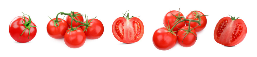 Whole and cut ripe tomatoes isolated on white, set