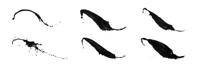 Splashes of glossy black liquid on white background