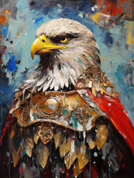 Oil painting Captain Eagle on knight armor outfit. Very impressive, thoughtful, and bold illustrations. Suitable for wall art, gifts