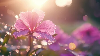 Closeup of water trickling down a flower petal, glistening in the soft light of a rain shower.