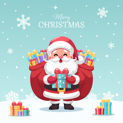 Christmas Santa Claus holding green gift box and red sack on blue green background with snowflakes, presents lying around on the snow ground. Holiday greeting card vector illustration.