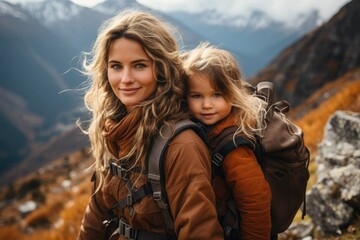 A mother with a baby in a carrier travels through the mountains. An active lifestyle.