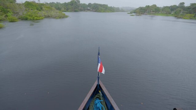Point Of View Tilt Up Shot Of Green Amazon Rainforest Seen From Ship Moving Forward In Rippled River - Manaus , Brazil