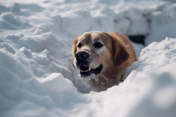 A dog digging in the snow to find a person who is buried under an avalanche, barking loudly to alert the rescue team photo realistic (Generative AI) - obrazy, fototapety, plakaty