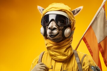 Obraz na płótnie Canvas An amusingly outfitted llama wearing a space suit, helmet, and holding a flag, embodying an astronaut's pose on a solid yellow background.