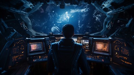 An astronaut inside a spacecraft cockpit, operating complex controls and systems during a mission in deep space.