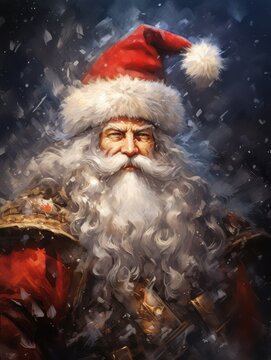 Oil painting of King Santa Claus in knight armor outfit. Very impressive, wise, brave illustration. suitable for wall art, gifts