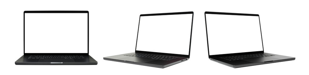 Laptop or notebook space black with blank screen isolated with clipping path on transparent background.