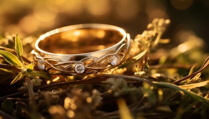 Golden wedding rings on wood