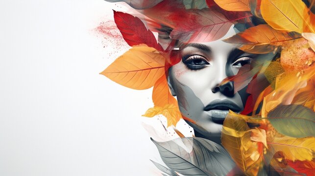 Create an image illustrating the seamless fusion of women's elegance with the vibrant hues and textures of leaves, capturing the essence of a stunning double exposure.