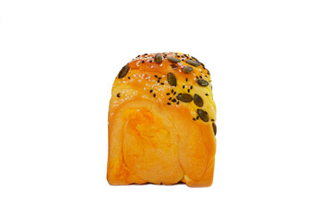 Pumpkin bread isolated on white background. Bakery, pastry, bread, food isolate